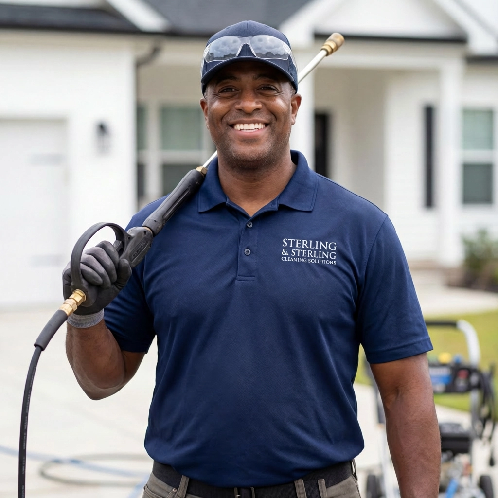 Ernie Sterling, owner of Sterling & Sterling Cleaning Solutions, wearing a navy branded polo shirt and cap, smiling while holding a pressure washer wand in front of a residential property