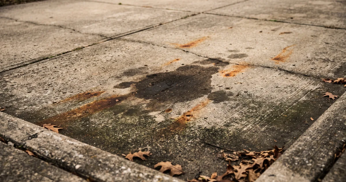 Weathered residential concrete showing a dark oil stain, orange rust marks, and fallen leaves collecting in an expansion joint.