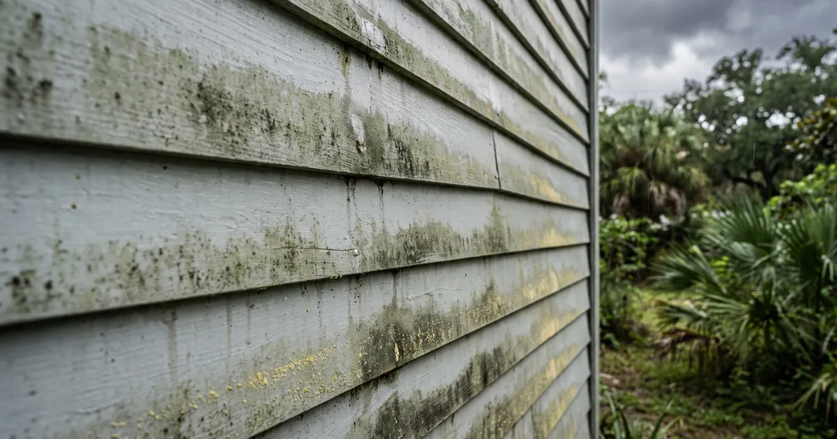 Painted lap siding with a green-black mildew film settling along the board seams.