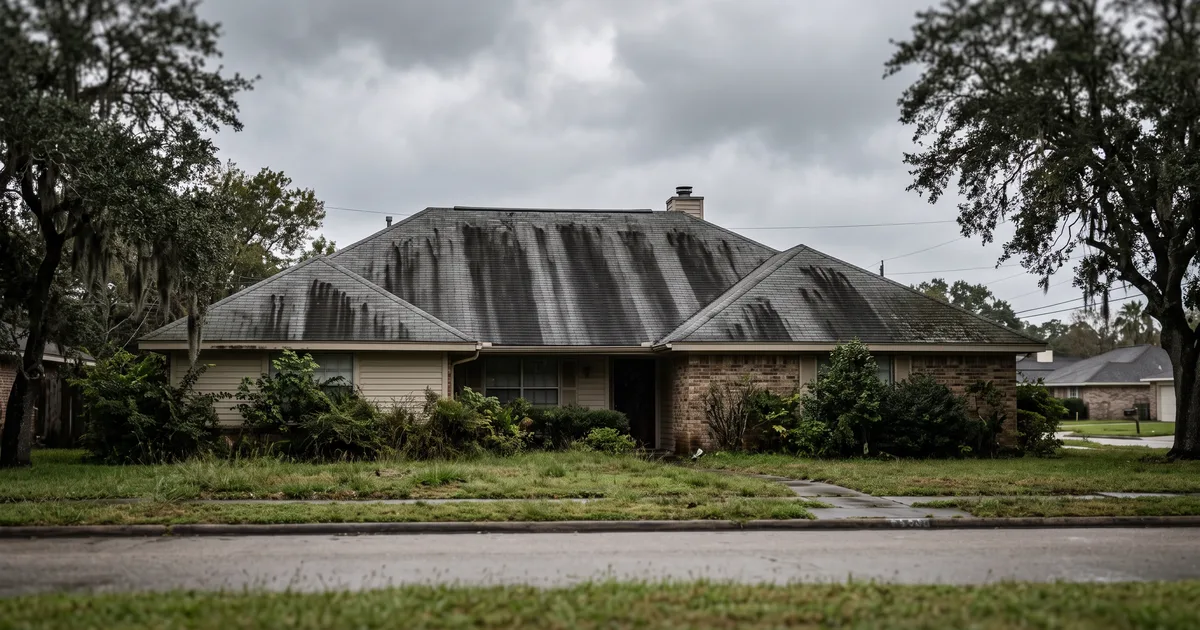 A suburban roof showing pronounced dark algae streaking running down the slope in vertical bands.